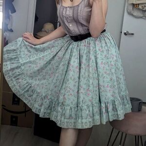 Vintage 70s Blue Floral And Lace Full Skirt